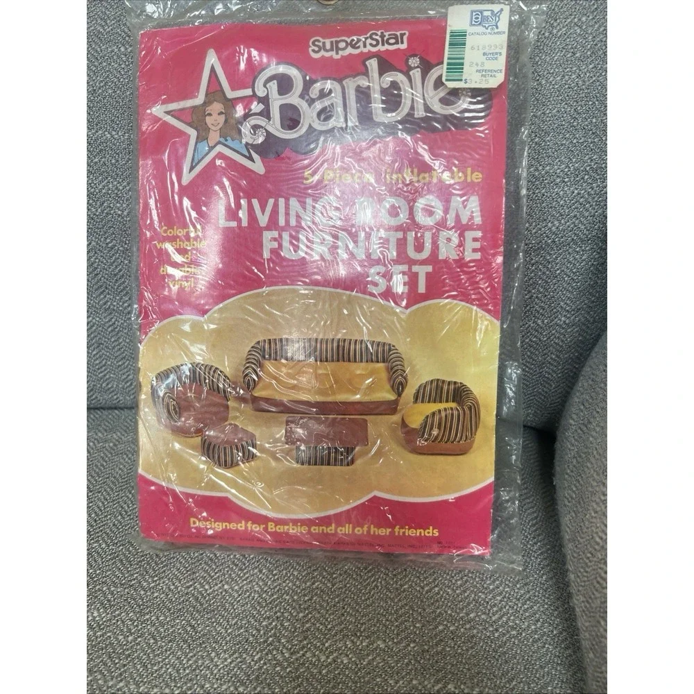 Barbie Superstar Inflatable Living Room Furniture Set Brown Yellow Stripe New